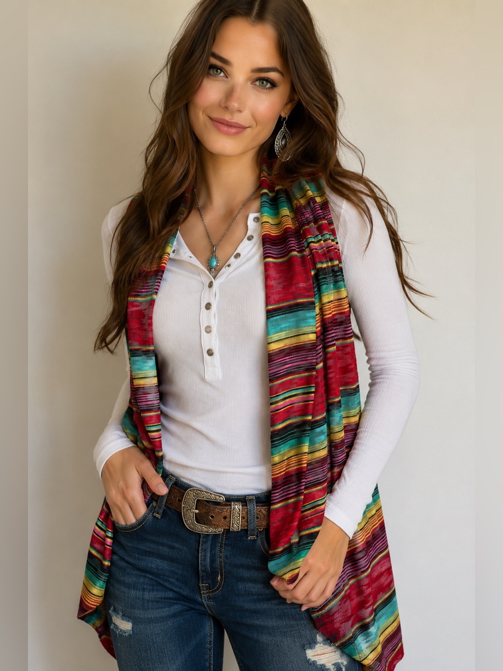 NWT Rock & Roll Cowgirl Rodeo Serape Stripe Open Front Drape Vest Western Boho